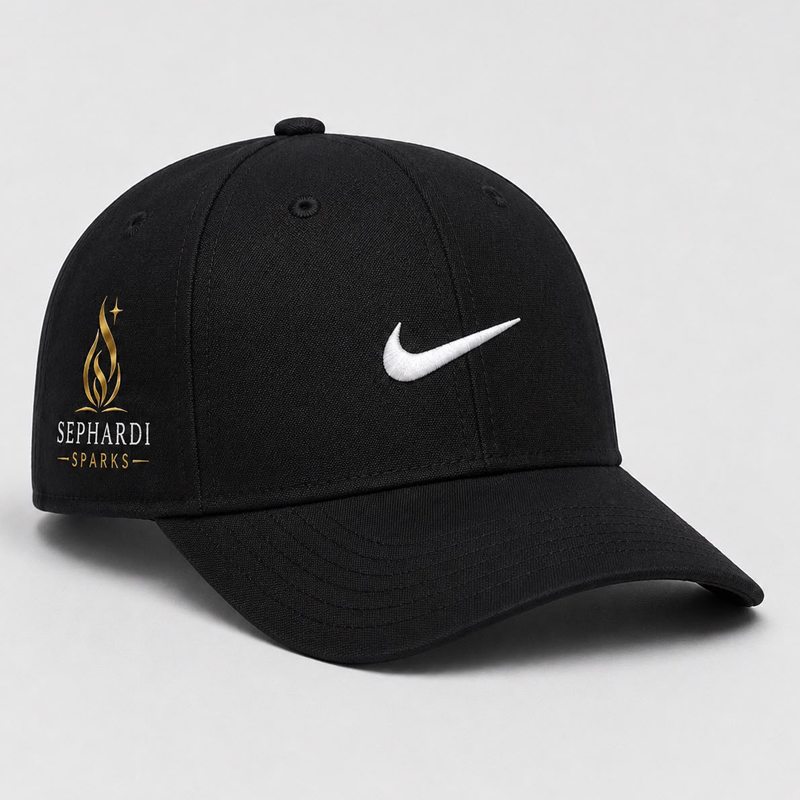 The black Founders Edition hat, with the gold Sephardi Sparks flame mark embroidered on the side panel.
